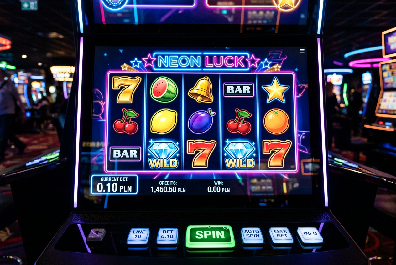 Digital slot machine screen with a minimum bet setting of 0.10 PLN.