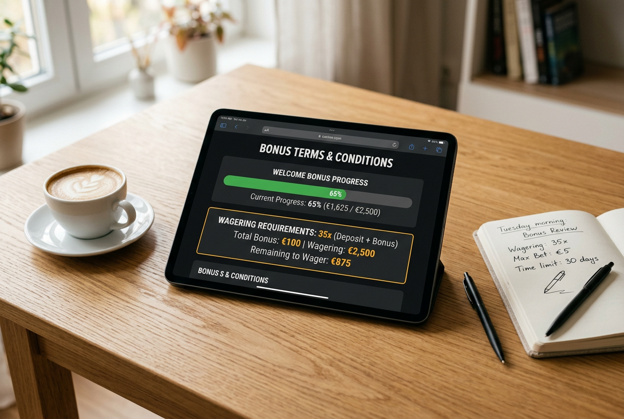 A tablet on a wooden table displaying casino bonus wagering requirements and terms.