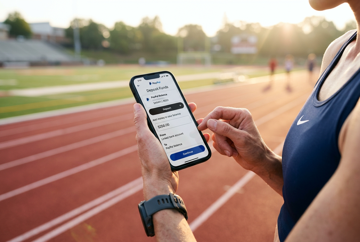 Athlete making a PayPal deposit on a smartphone.